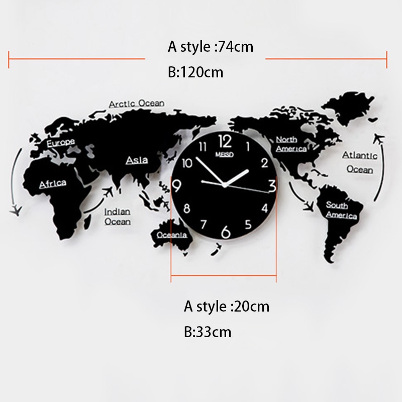 Large Wall Clock World Map Shape