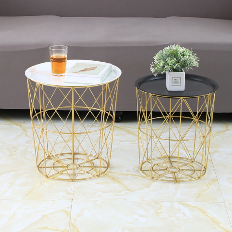 Round Metal Coffee Table with Storage Basket