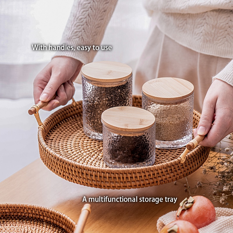 Round Wicker Tray with Wooden Handles