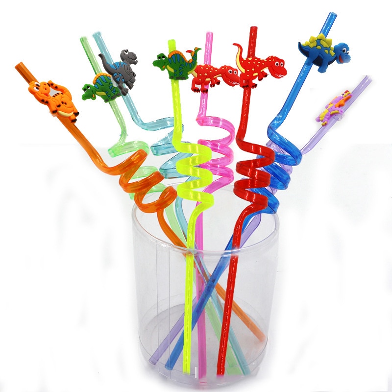 Reusable Spiral Straws with Dino Toppers (8 pcs)