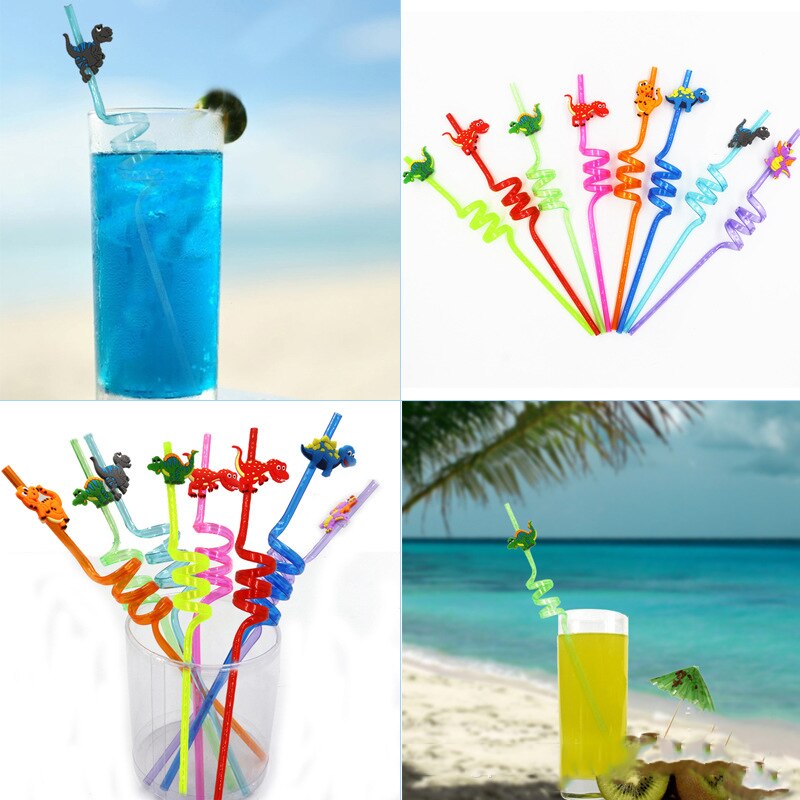 Reusable Spiral Straws with Dino Toppers (8 pcs)