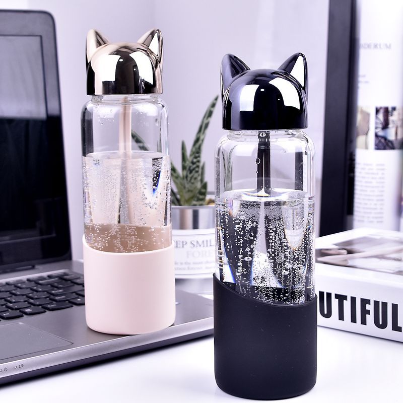 Glass Water Bottle Cat Ears Design