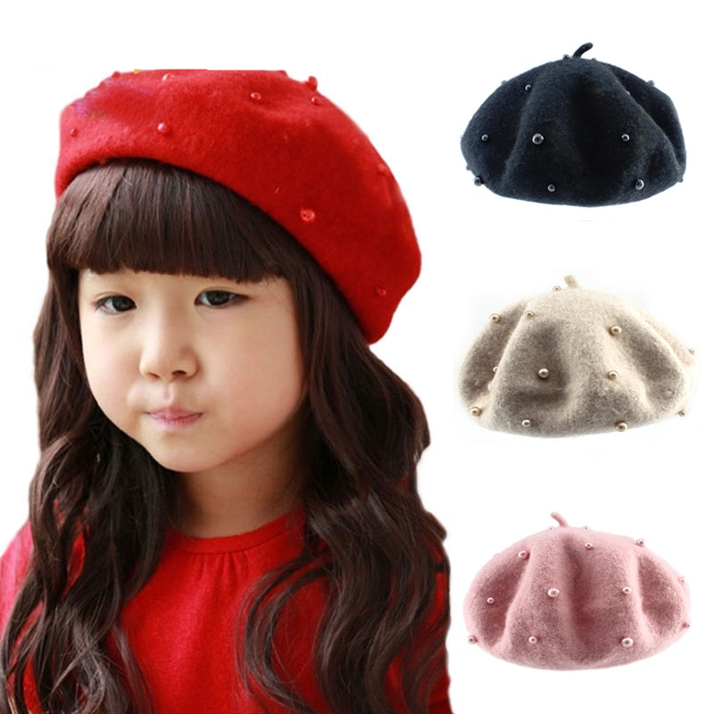 Kids Beret Wool Hat with Pearls