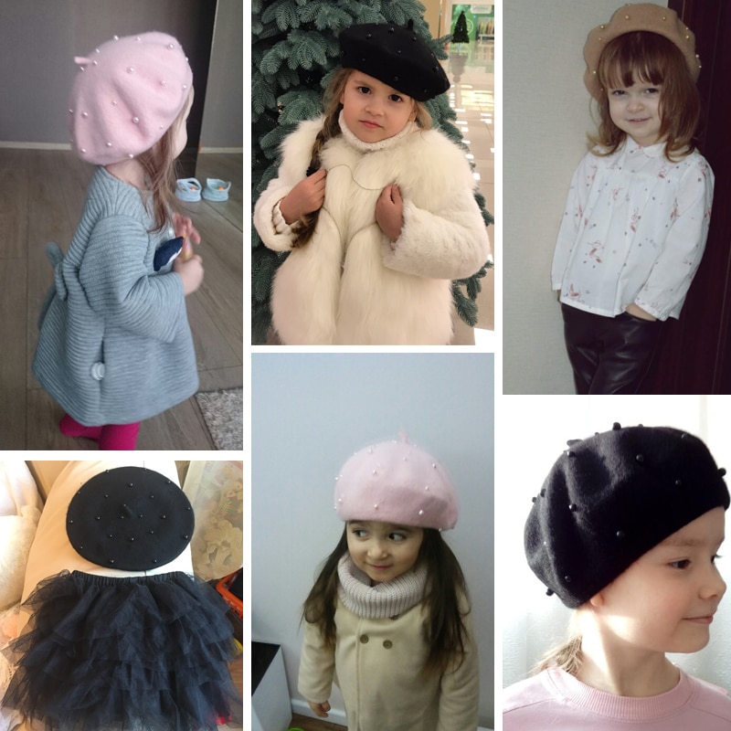 Kids Beret Wool Hat with Pearls