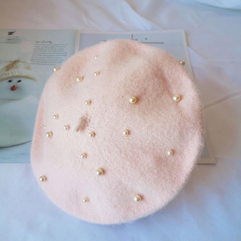 Kids Beret Wool Hat with Pearls