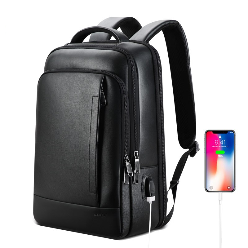 Black Leather Backpack Waterproof Bag