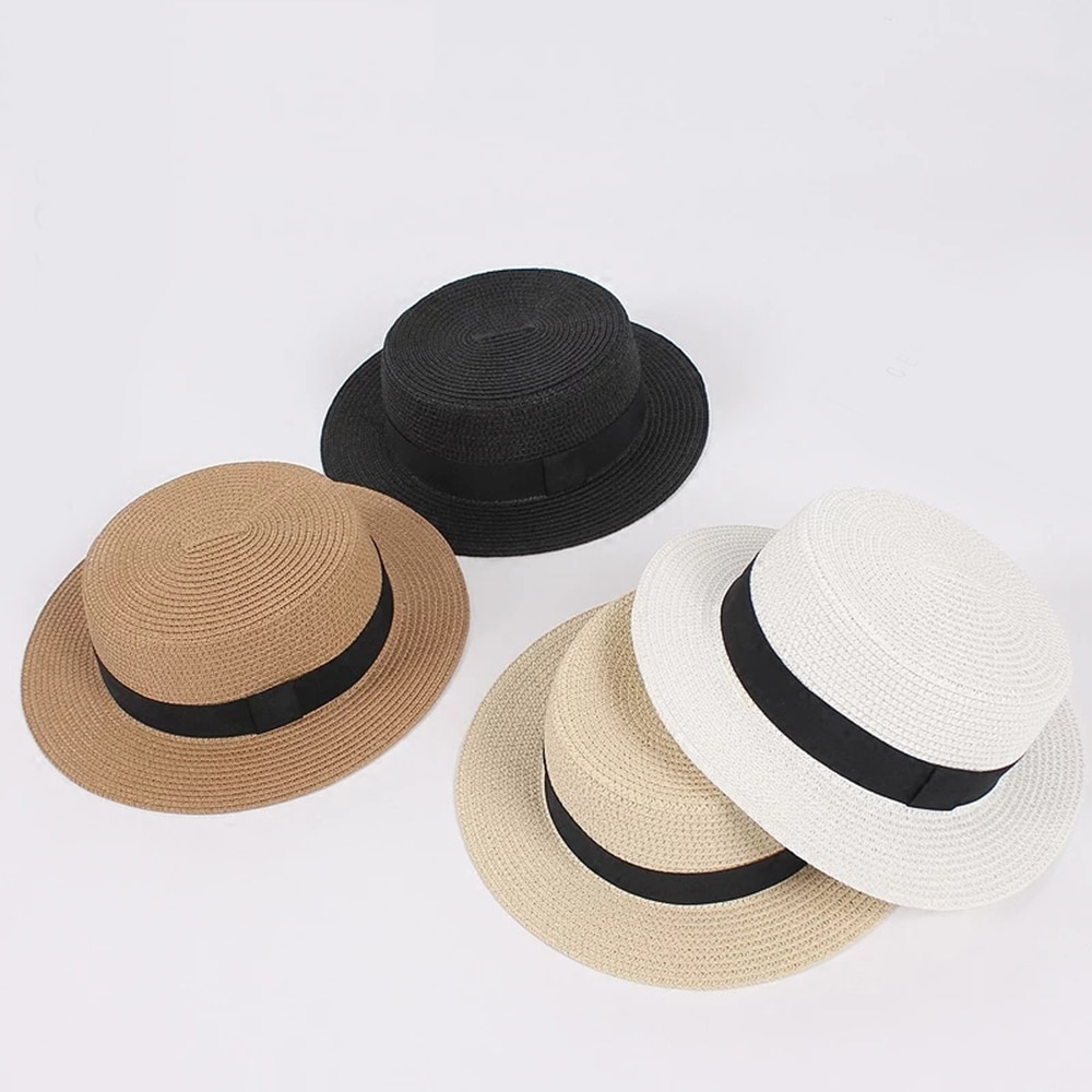 Flat Top Straw Hat with Ribbon