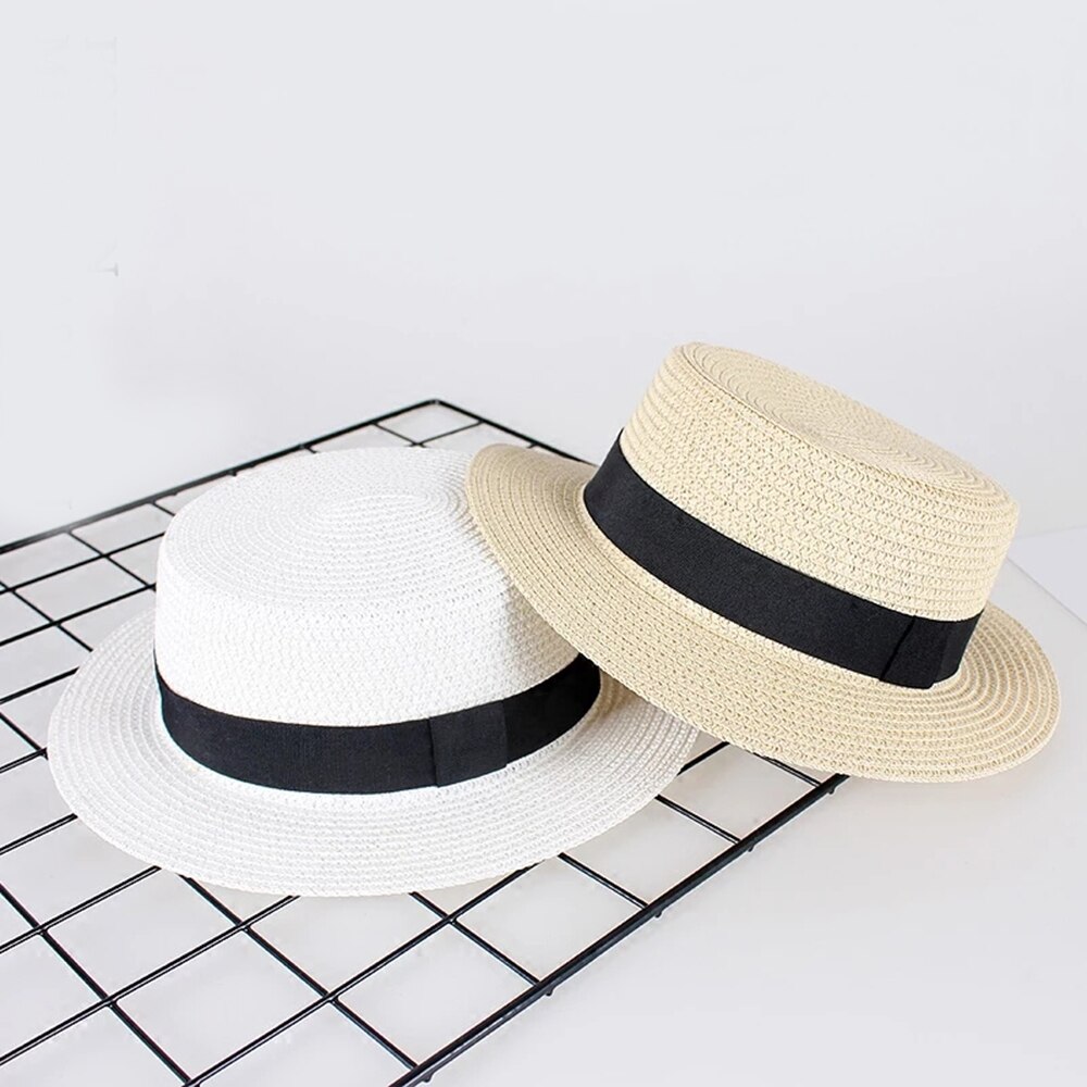 Flat Top Straw Hat with Ribbon