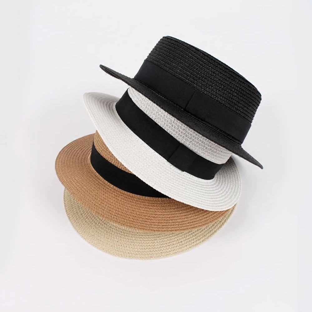 Flat Top Straw Hat with Ribbon