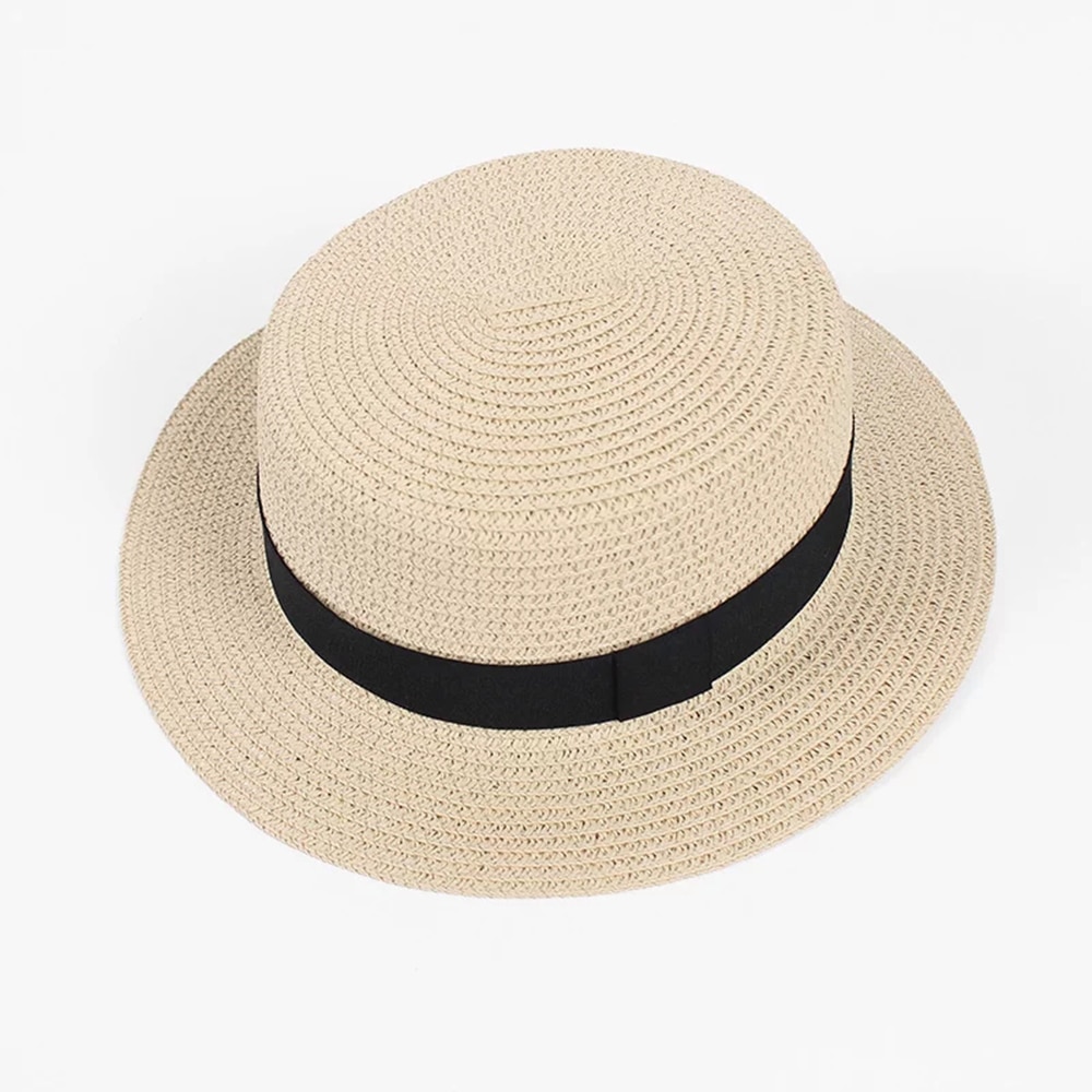 Flat Top Straw Hat with Ribbon