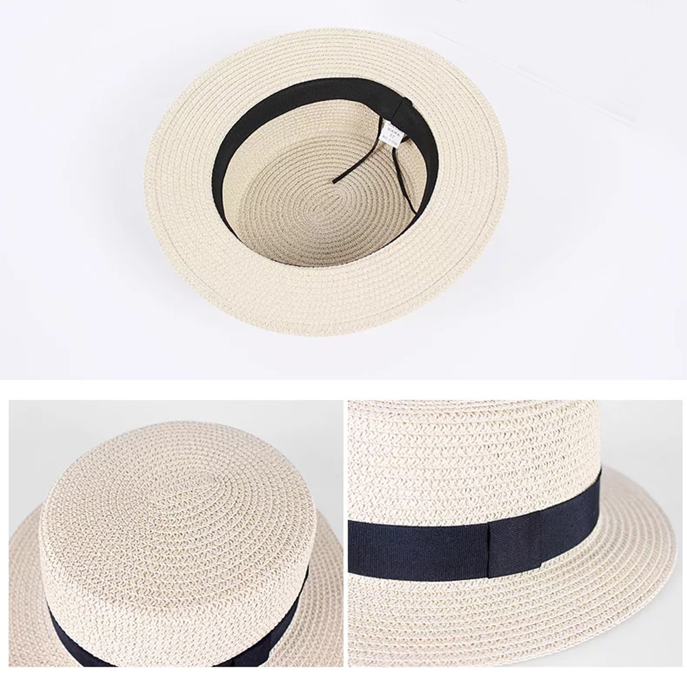 Flat Top Straw Hat with Ribbon