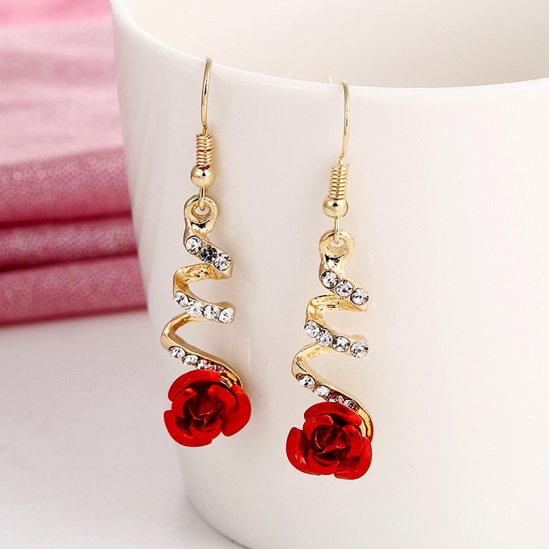 Rose Dangle Earrings with Rhinestones