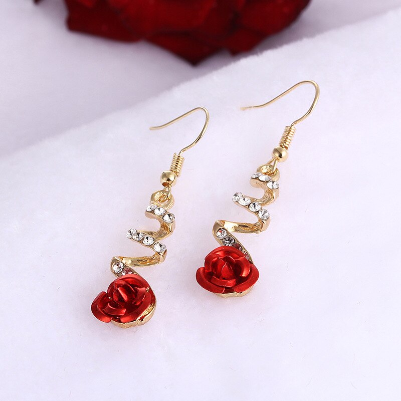 Rose Dangle Earrings with Rhinestones