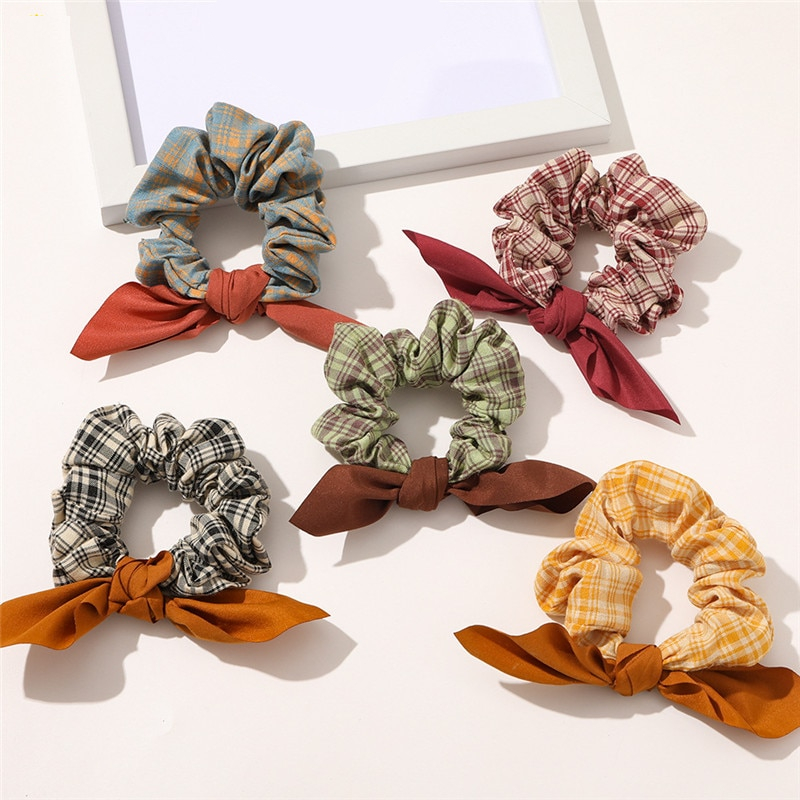 Girls Hair Scrunchies Plaid Hair Tie