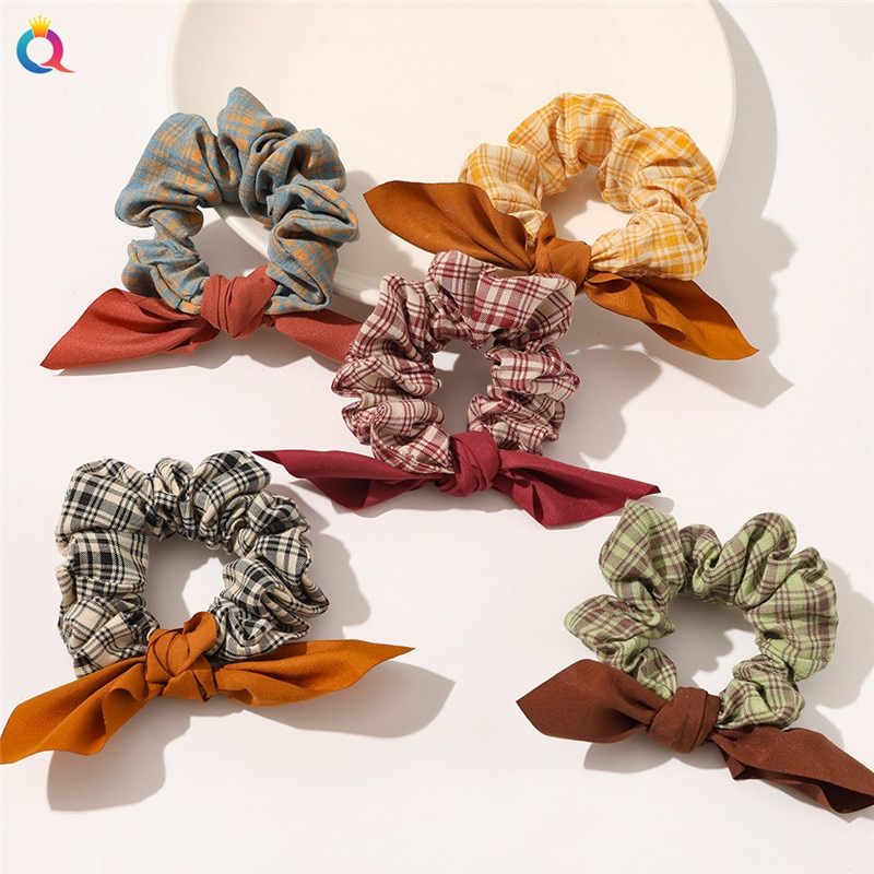 Girls Hair Scrunchies Plaid Hair Tie