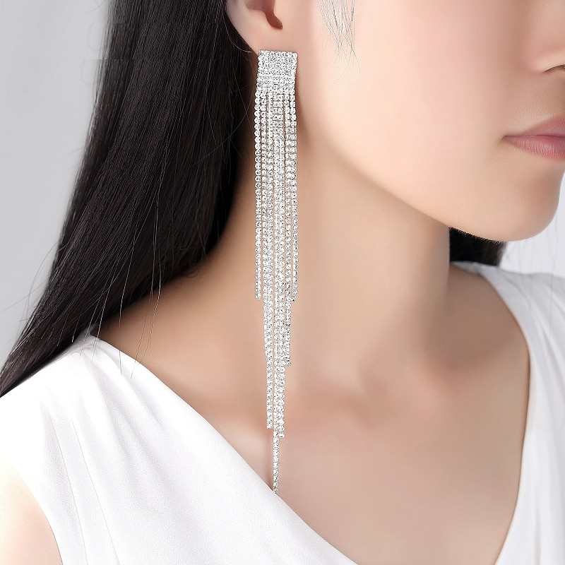 Rhinestone Earrings Long Crystal Tassel