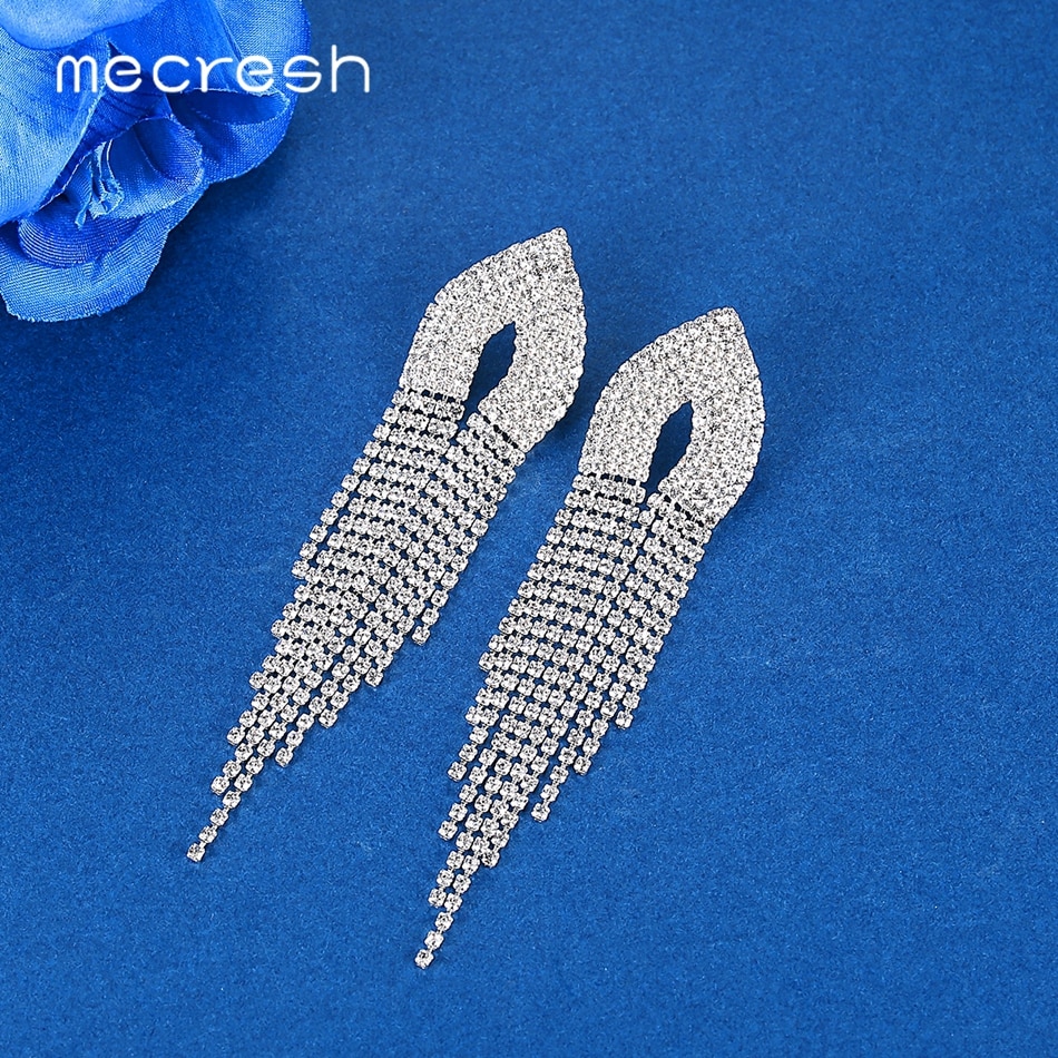 Rhinestone Earrings Long Crystal Tassel