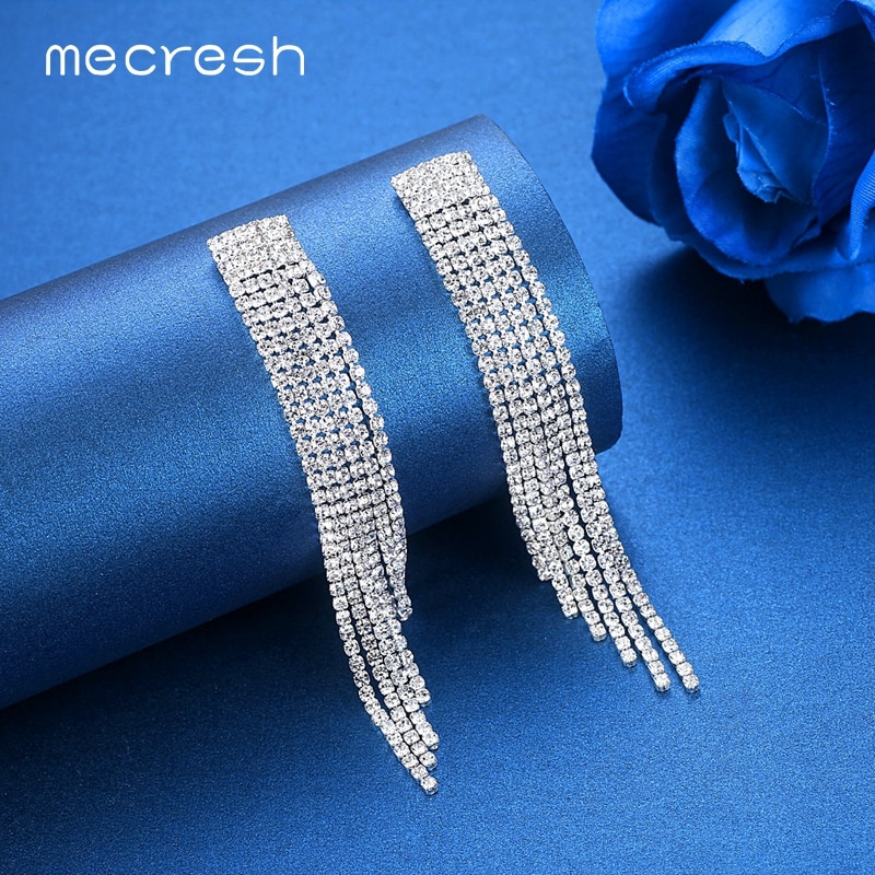 Rhinestone Earrings Long Crystal Tassel