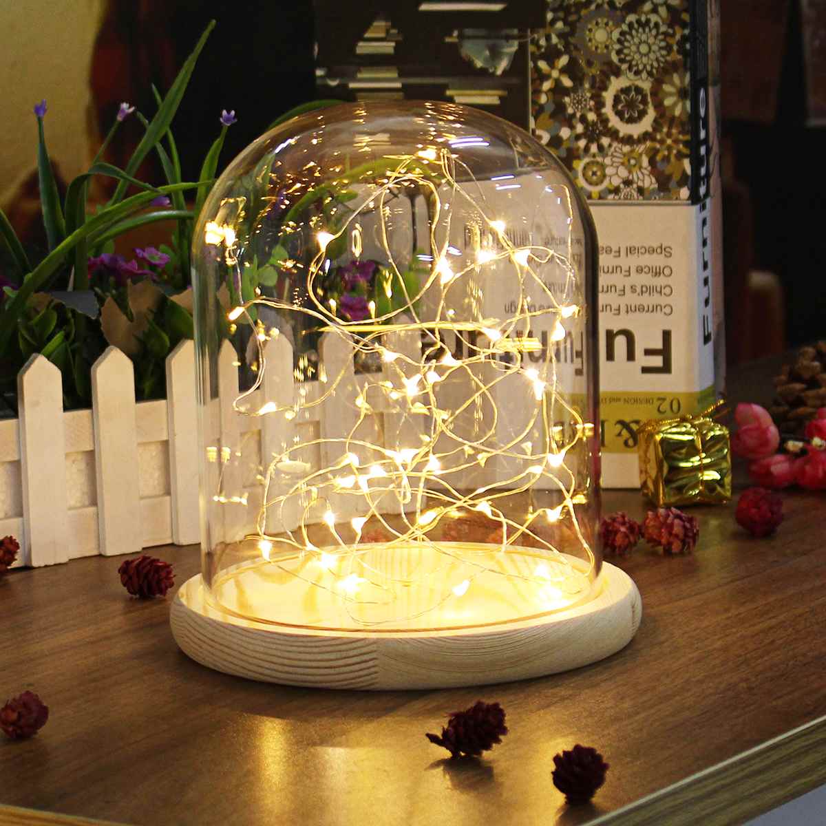 Glass Dome with Base with LED Fairy Lights