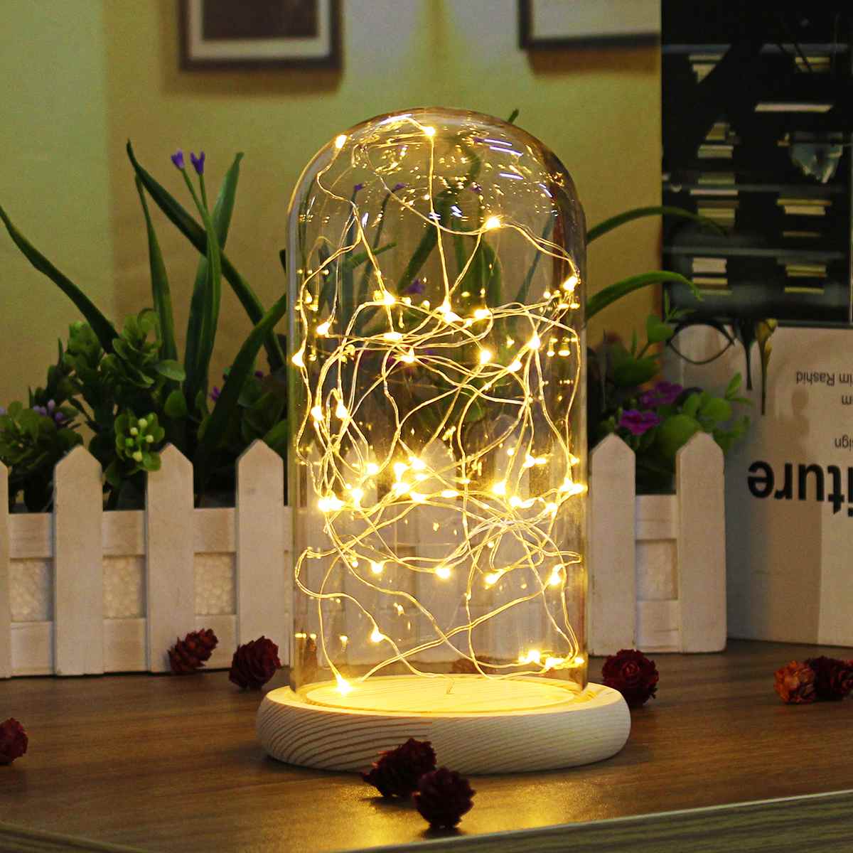 Glass Dome with Base with LED Fairy Lights