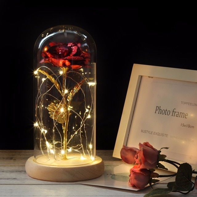 Rose in Glass Dome with Lights