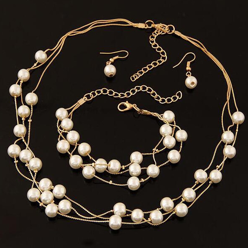 Pearl Necklace Set Bracelet Earrings