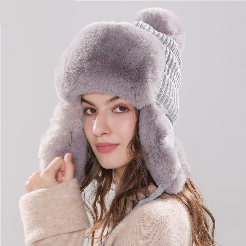 Hat With Ear Flaps Knitted Fur Cap