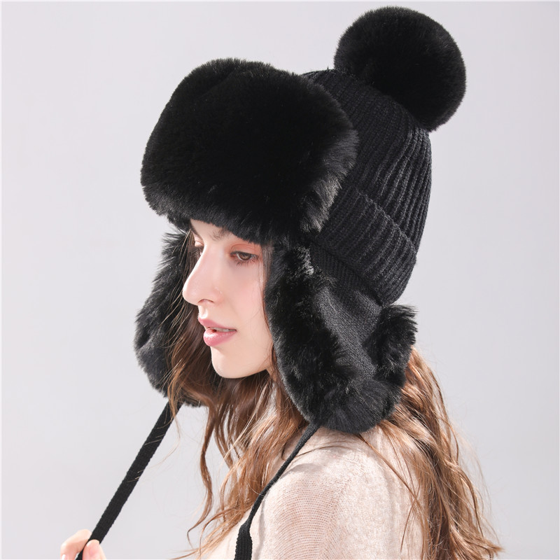 Hat With Ear Flaps Knitted Fur Cap