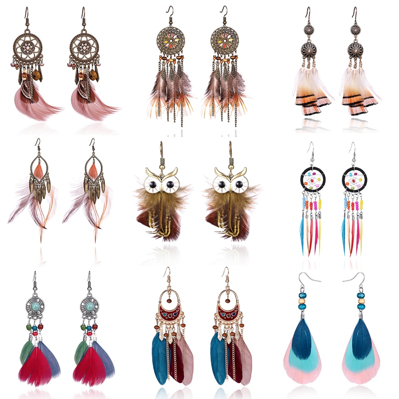 Bohemian Earrings Long Feather Dangling