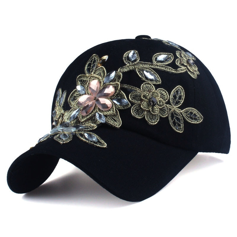 Womens Baseball Cap Flower Rhinestone