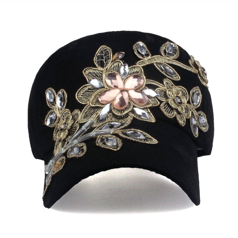 Womens Baseball Cap Flower Rhinestone