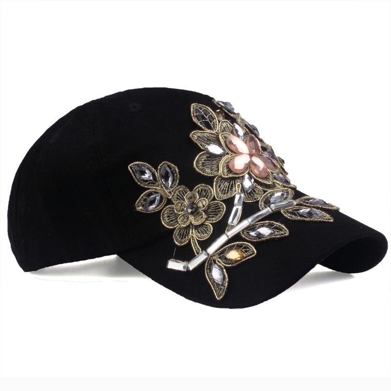 Womens Baseball Cap Flower Rhinestone