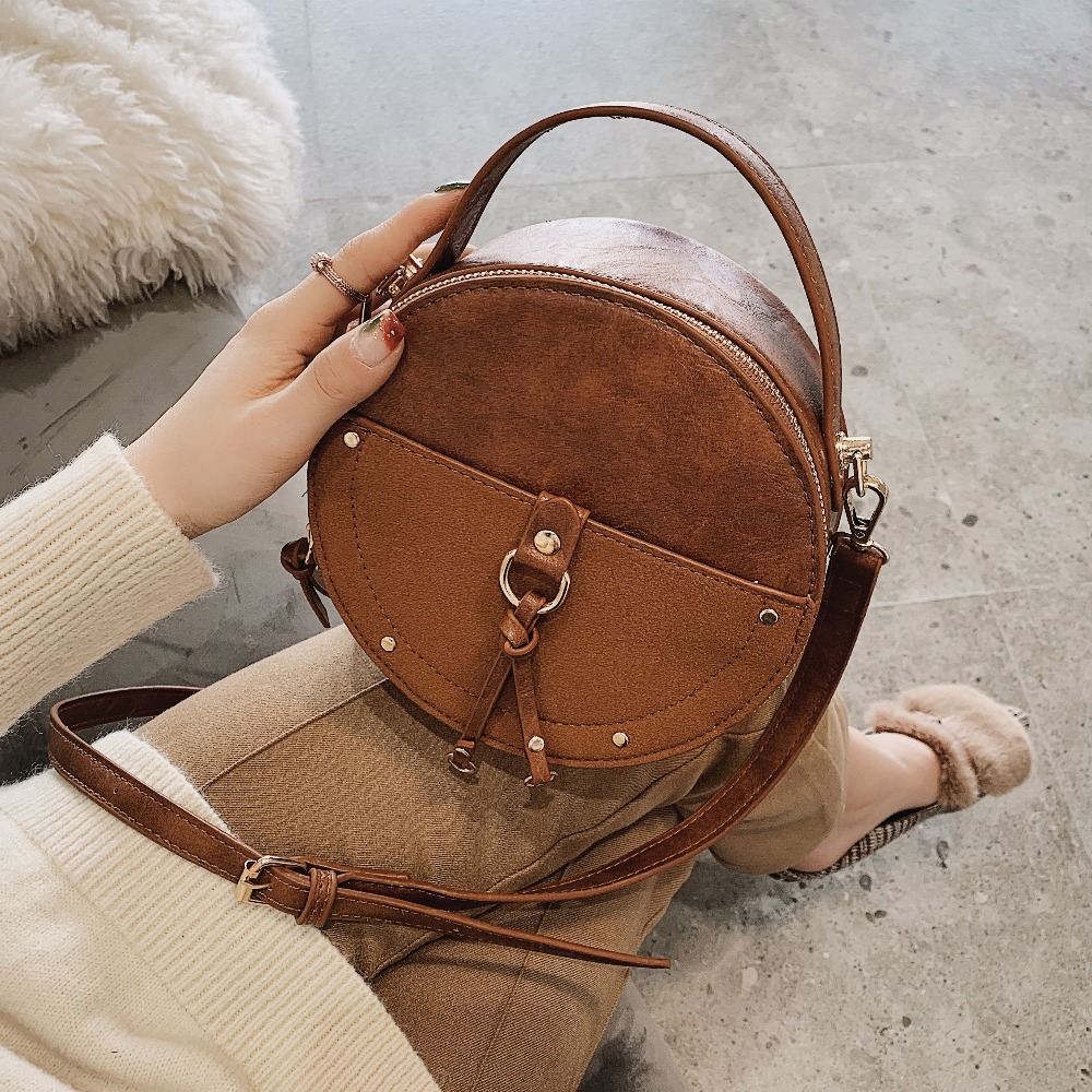 Round Bag Vintage Leather Crossbody