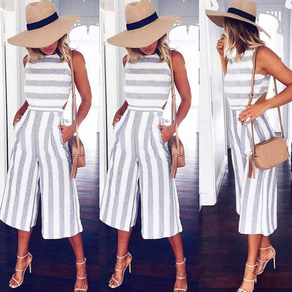 Casual Sleeveless Striped Jumpsuit