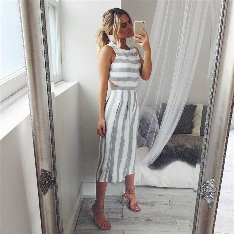 Casual Sleeveless Striped Jumpsuit