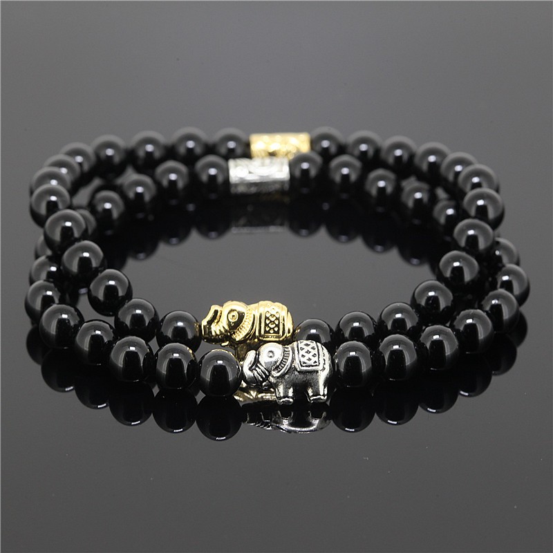 Natural Elephant Onyx Stone Bead Charm Bracelets (Set of 2)