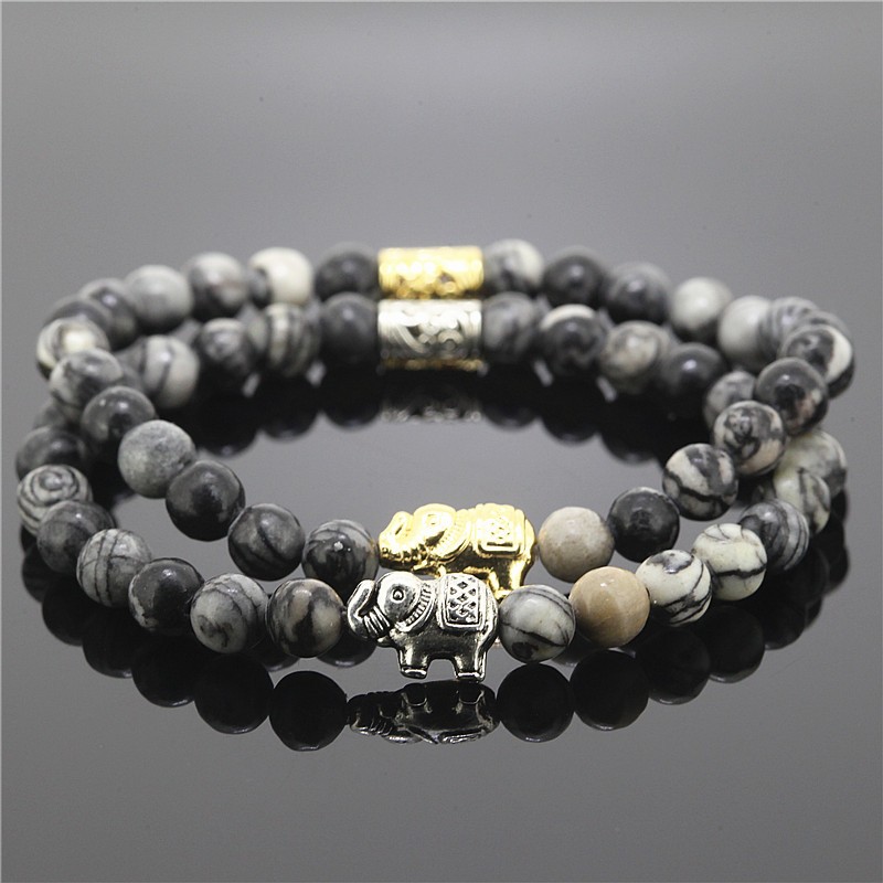 Natural Elephant Onyx Stone Bead Charm Bracelets (Set of 2)