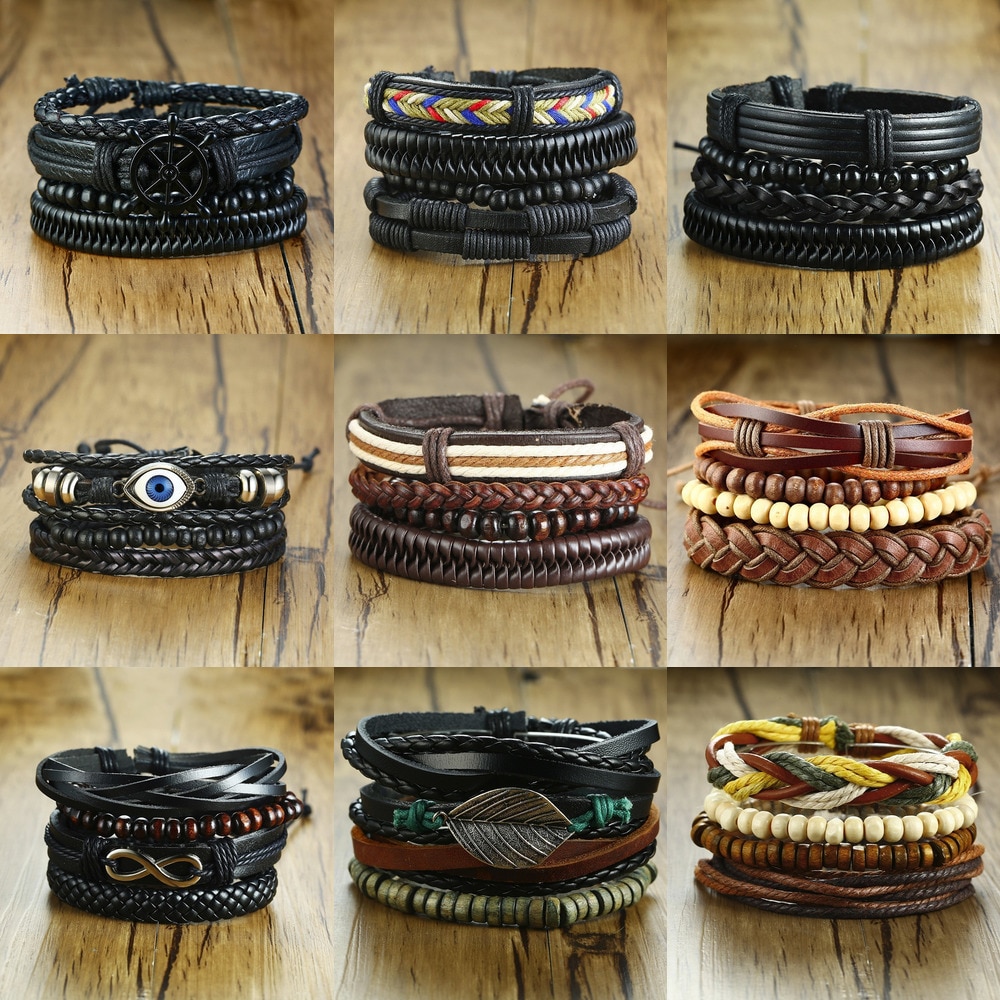 Men’s Leather Bracelets Wristbands (4Pcs)