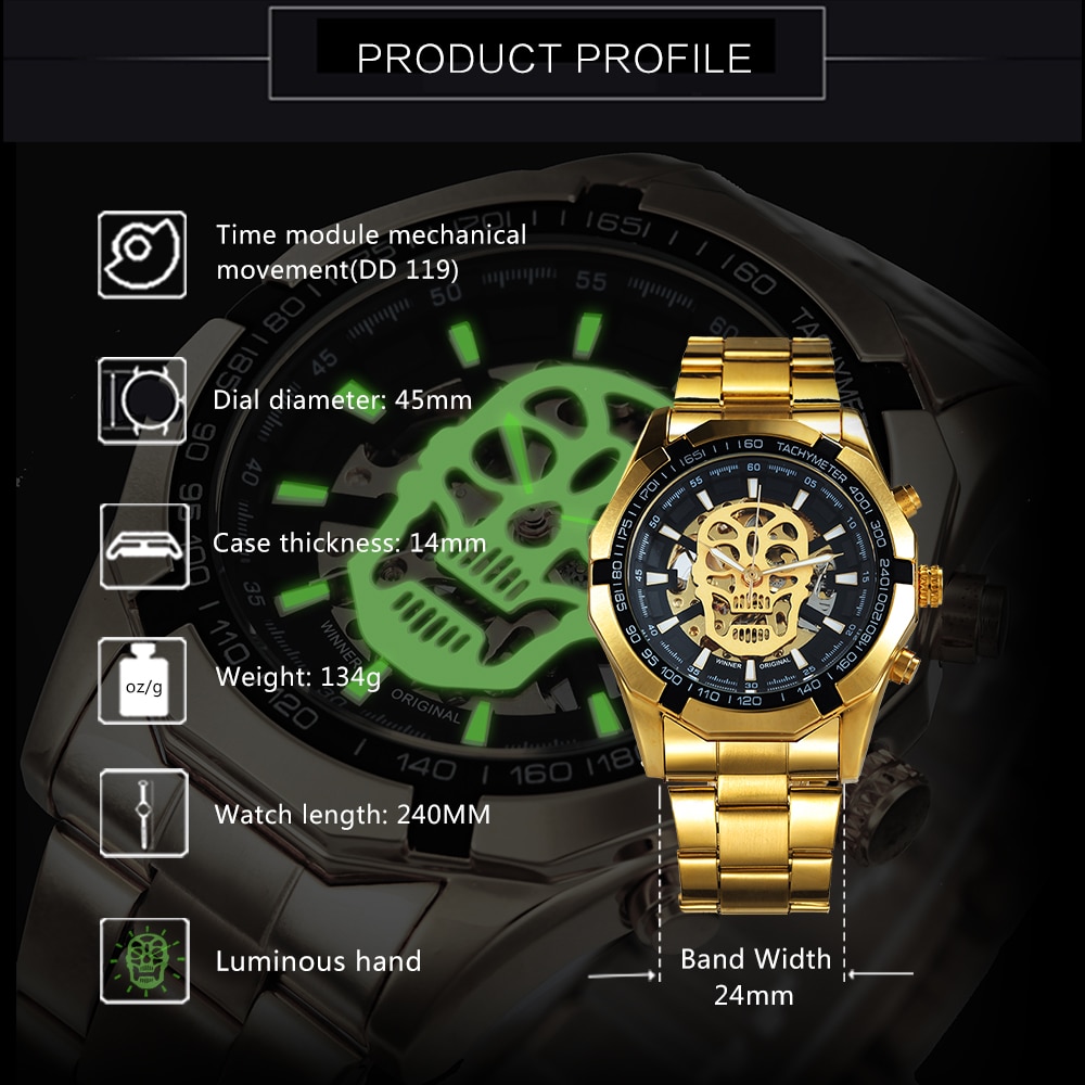 Mechanical Watch Gold Skull Timepiece