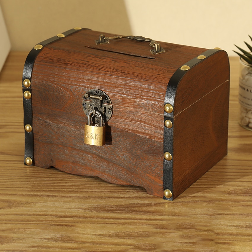 Coin Chest Wooden Vintage Money Box with Padlock