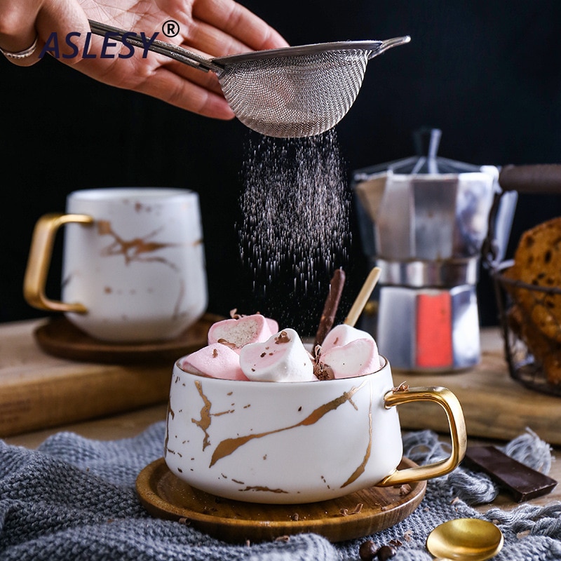 Marble Mug with Wood Lid Coffee Cup