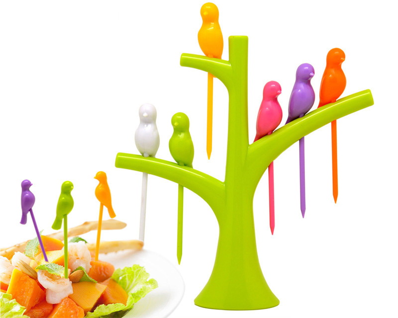 Tree Birds Design Rainbow Plastic Fruit Forks Set