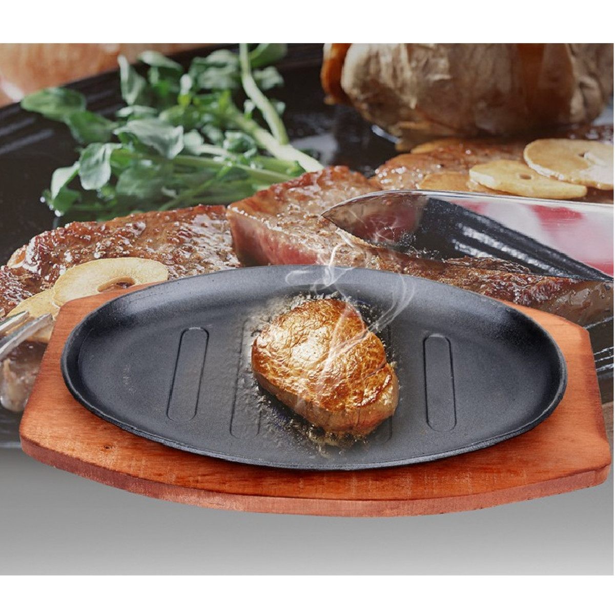 Cast Iron Sizzling Platter with Wooden Holder