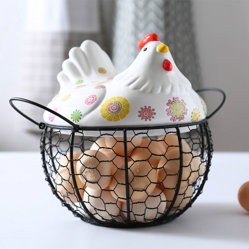 Hen Egg Holder Iron Basket with Ceramic Cover