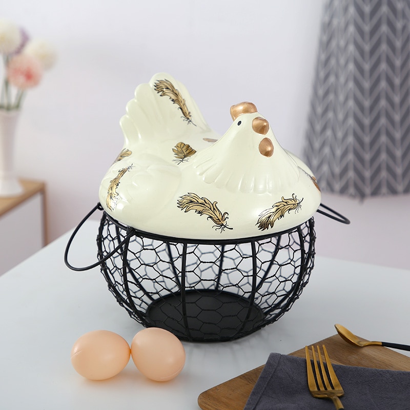 Hen Egg Holder Iron Basket with Ceramic Cover