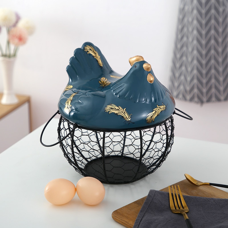 Hen Egg Holder Iron Basket with Ceramic Cover