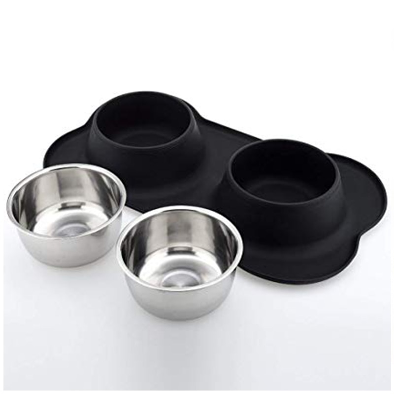 Dog Water Bowl Mat with Two Bowls