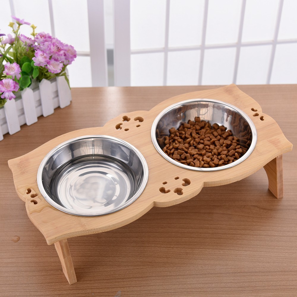 Wooden Dog Bowl Stand Dual-Slot