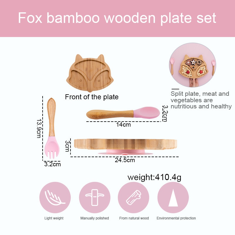 Suction Back Wooden Baby Plate with Spoon and Fork
