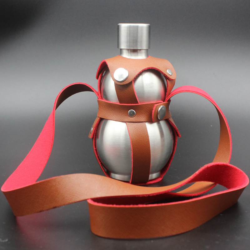 Gourd-Shaped Hip Flask With Leather Holder